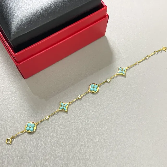 Turquoise Enamel Floral and Star Charm Chain Bracelets 6
