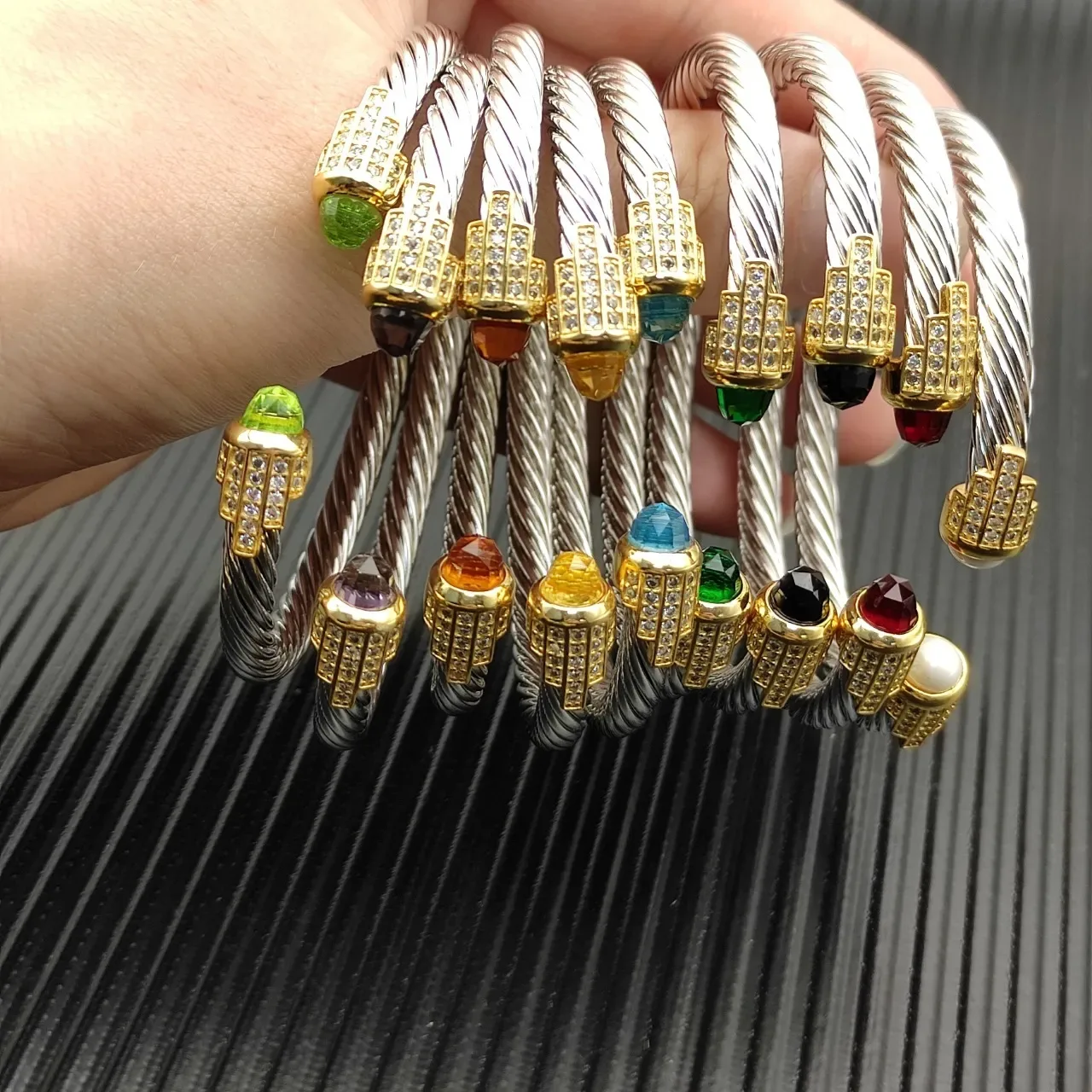 Twisted Cable Band Pavé Crystal Gemstone Rings 5