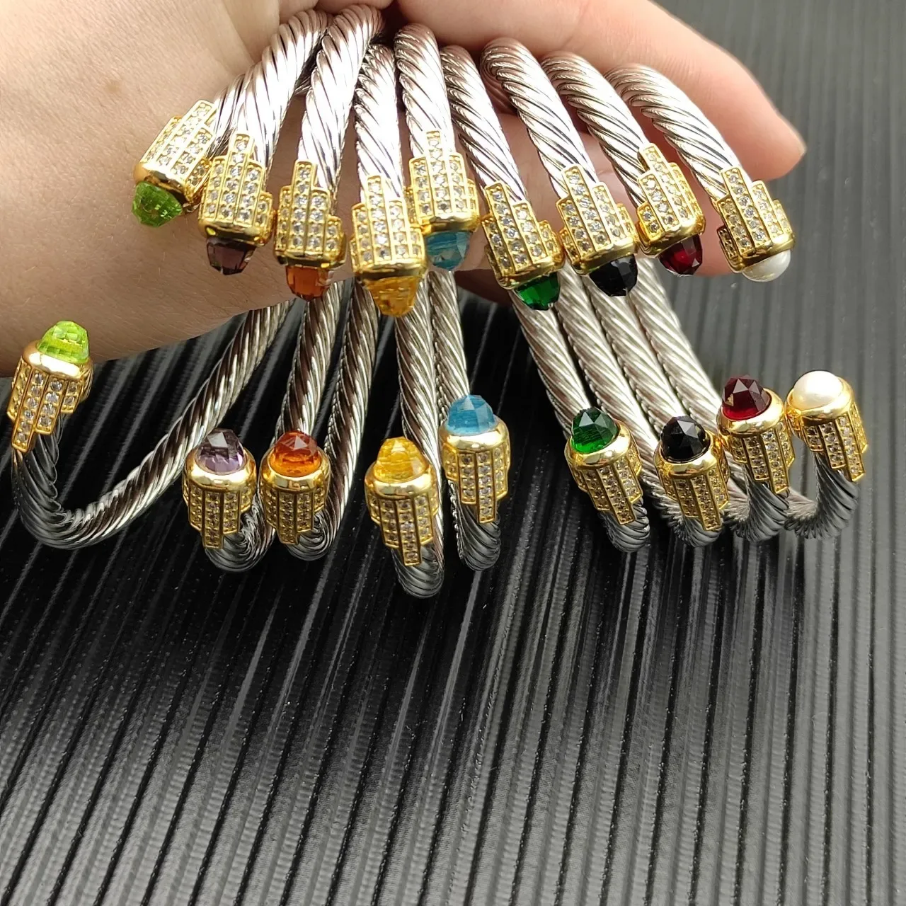 Twisted Cable Band Pavé Crystal Gemstone Rings 6