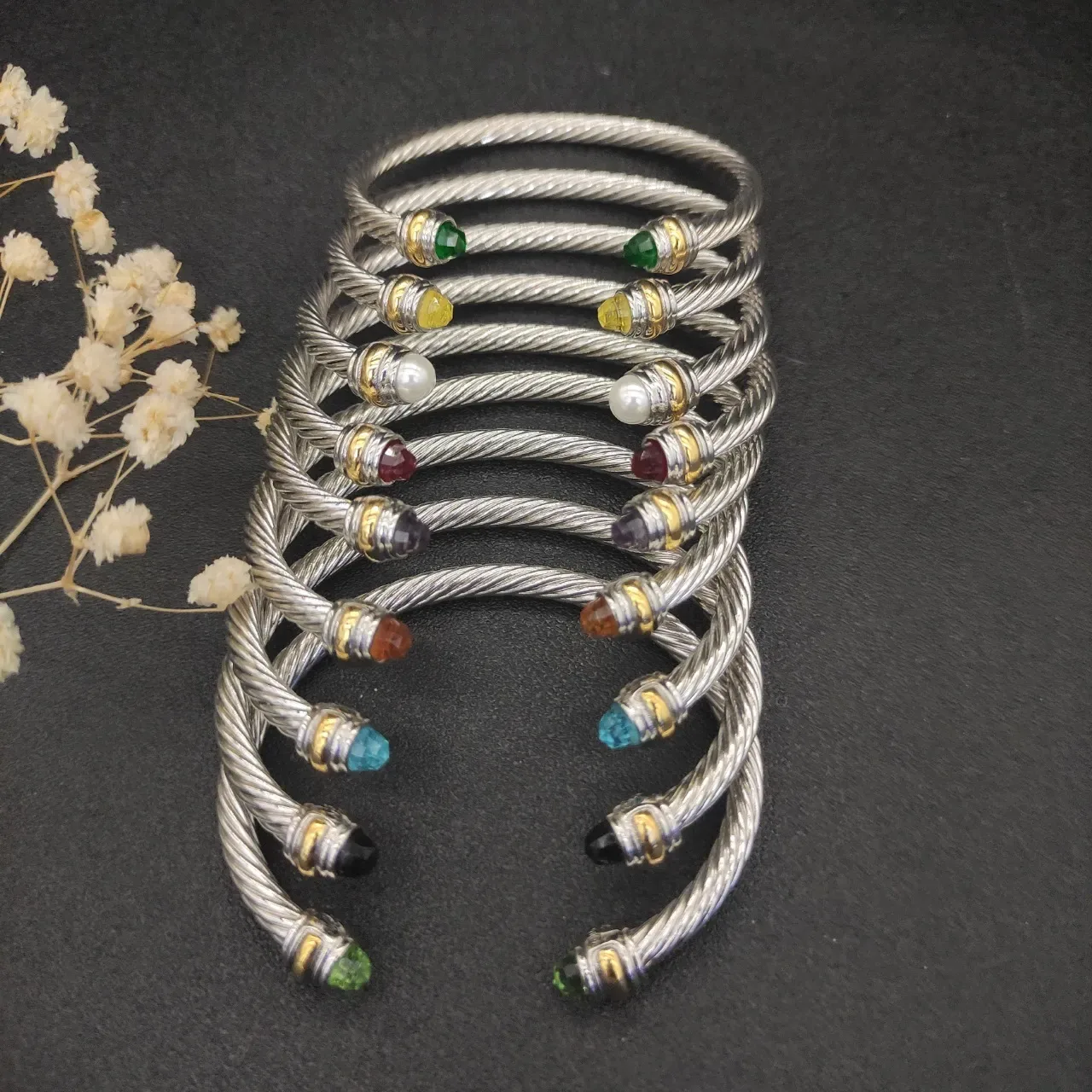 Twisted Cable Gemstone-Tipped Two-Tone Bracelet 6