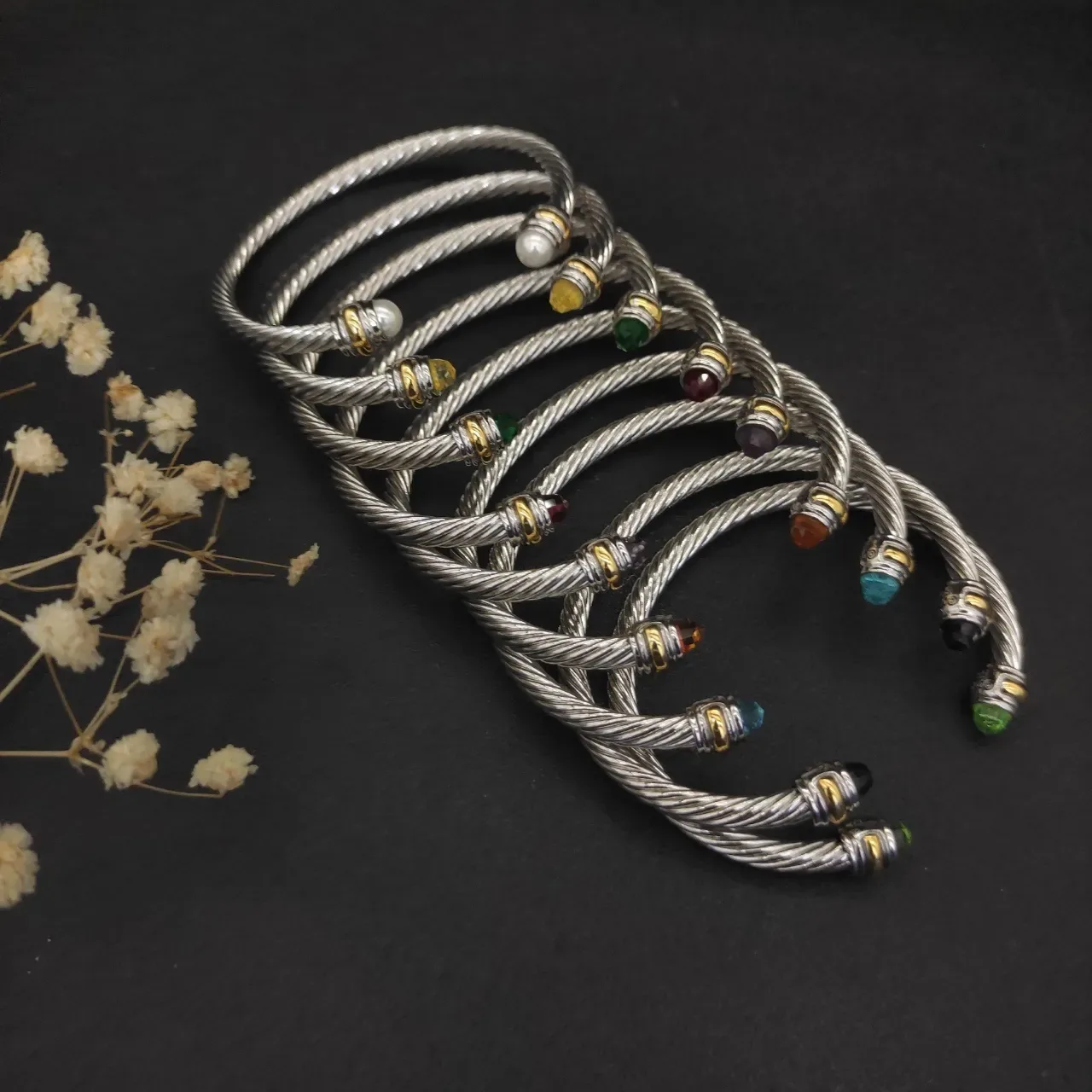 Twisted Cable Gemstone-Tipped Two-Tone Bracelet 7