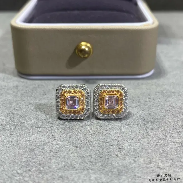 Two-Tone Double Halo Square-Cut Stud Earrings 4