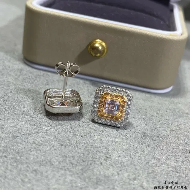 Two-Tone Double Halo Square-Cut Stud Earrings 6