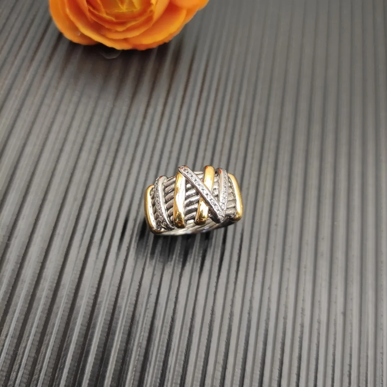 Two-Tone Gold and Silver Pavé Interwoven Cable Motif Ring 2