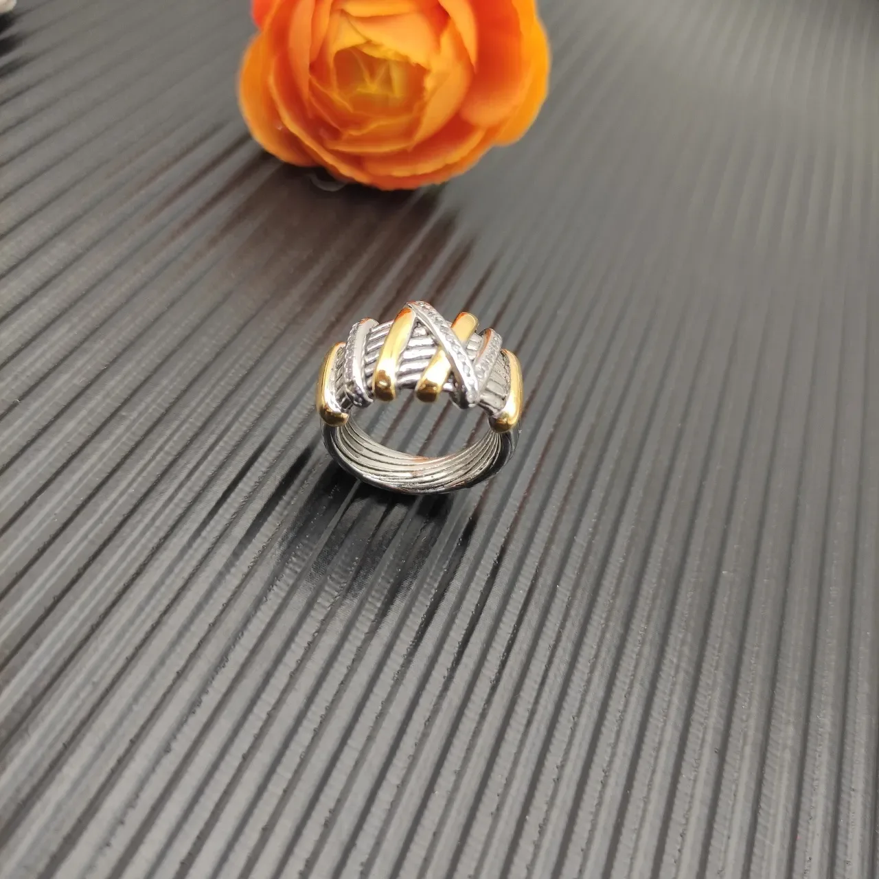 Two-Tone Gold and Silver Pavé Interwoven Cable Motif Ring 3