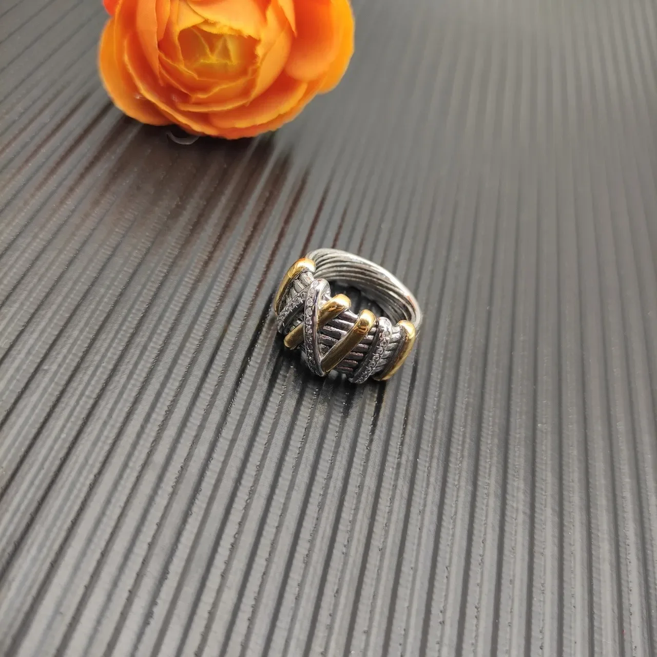 Two-Tone Gold and Silver Pavé Interwoven Cable Motif Ring 4