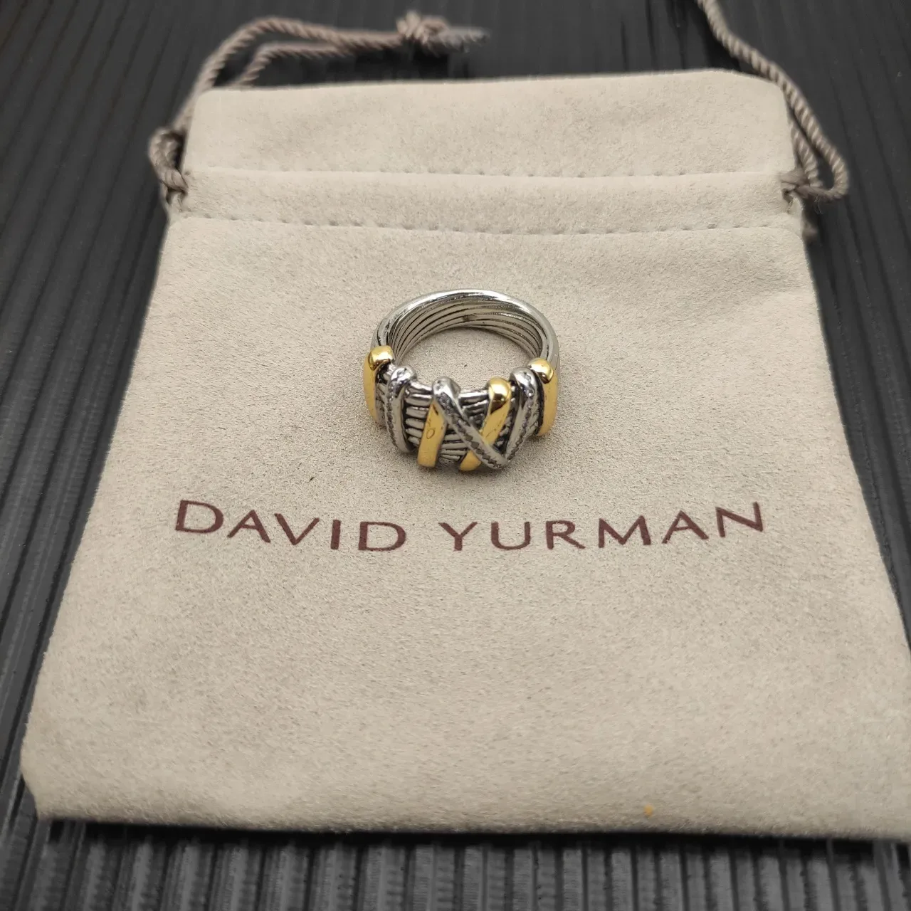 Two-Tone Gold and Silver Pavé Interwoven Cable Motif Ring 7