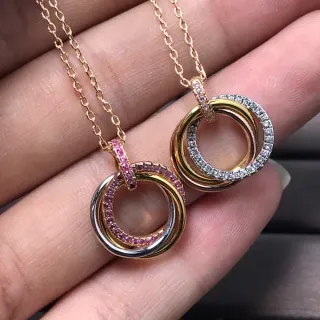 双色互锁三环 pave 宝石吊坠项链