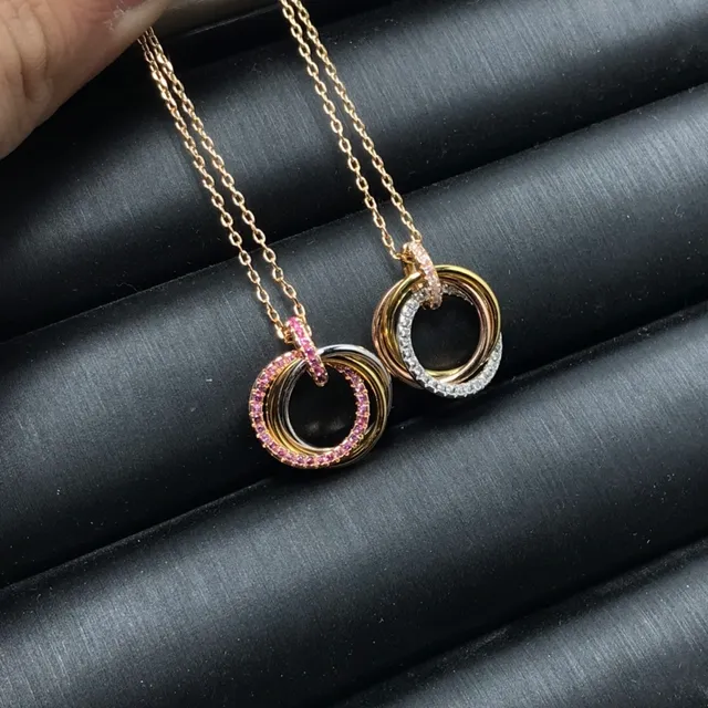 Two-Tone Interlocking Triple-Ring Pavé Gemstone Pendant Necklaces 2