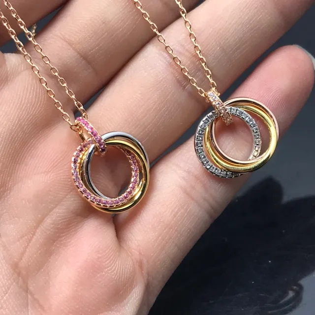 Two-Tone Interlocking Triple-Ring Pavé Gemstone Pendant Necklaces 3