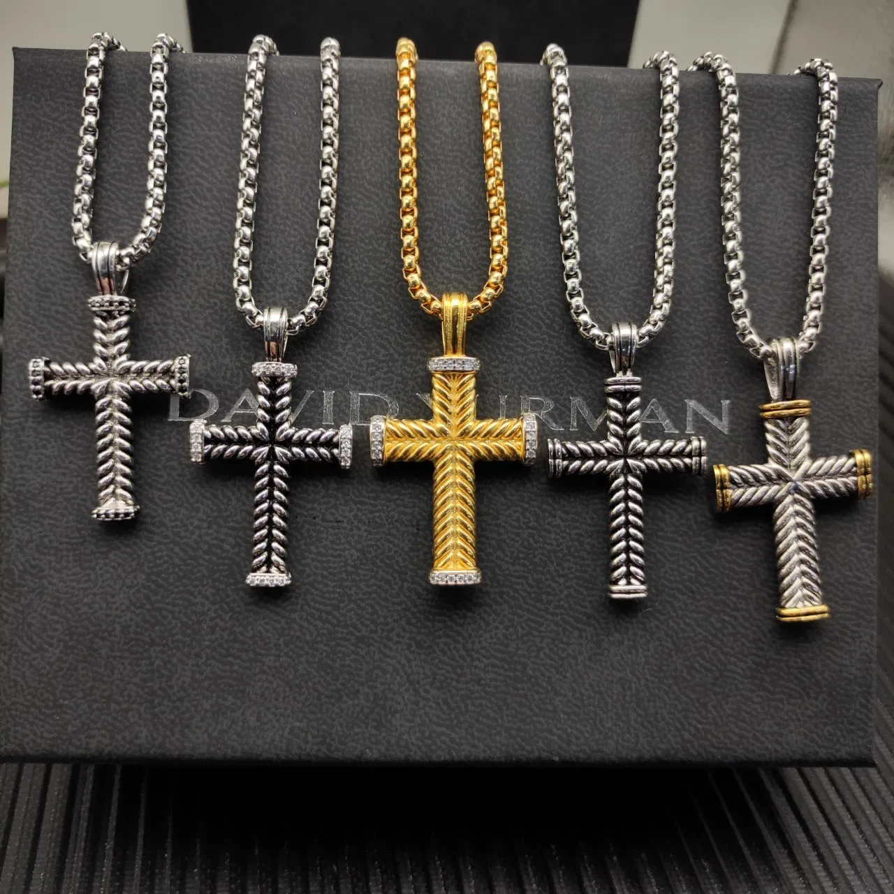 Two-Tone Rope-Textured Cross Pendant Necklace 2