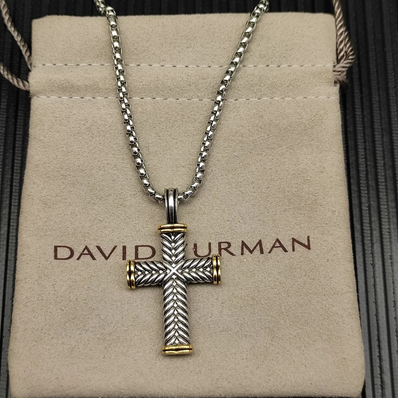 Two-Tone Rope-Textured Cross Pendant Necklace 9