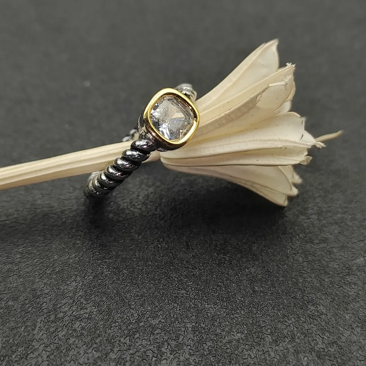 Two-Tone Twisted Rope Band Bezel-Set Cushion-Cut Stone Ring 5