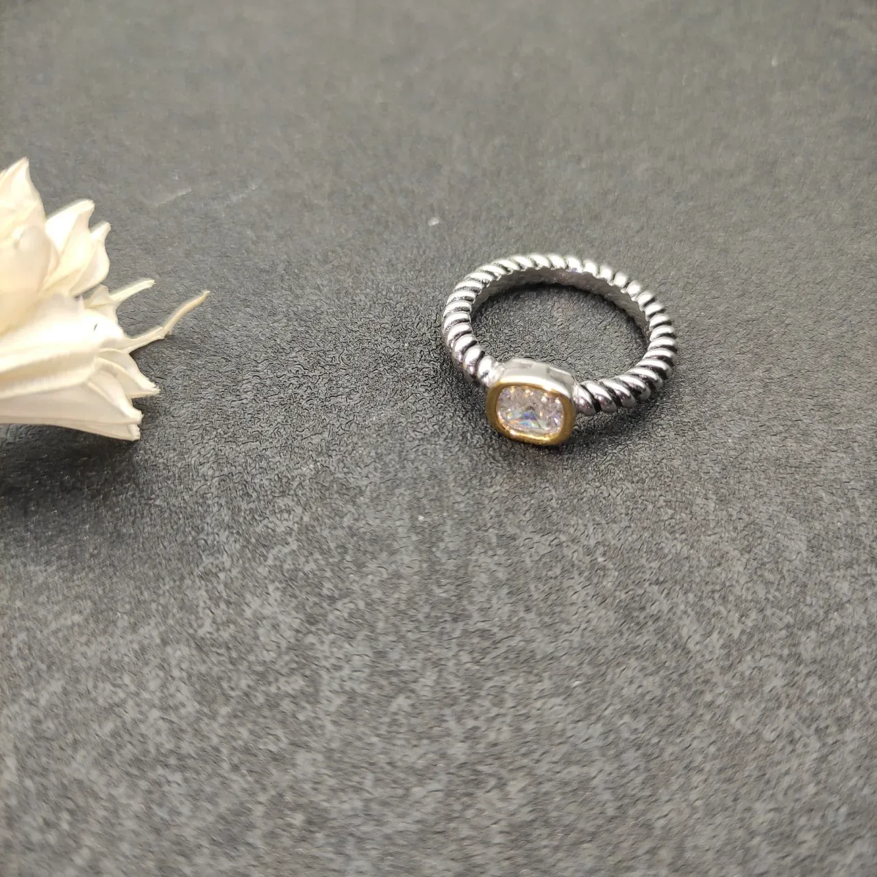 Two-Tone Twisted Rope Band Bezel-Set Cushion-Cut Stone Ring 6