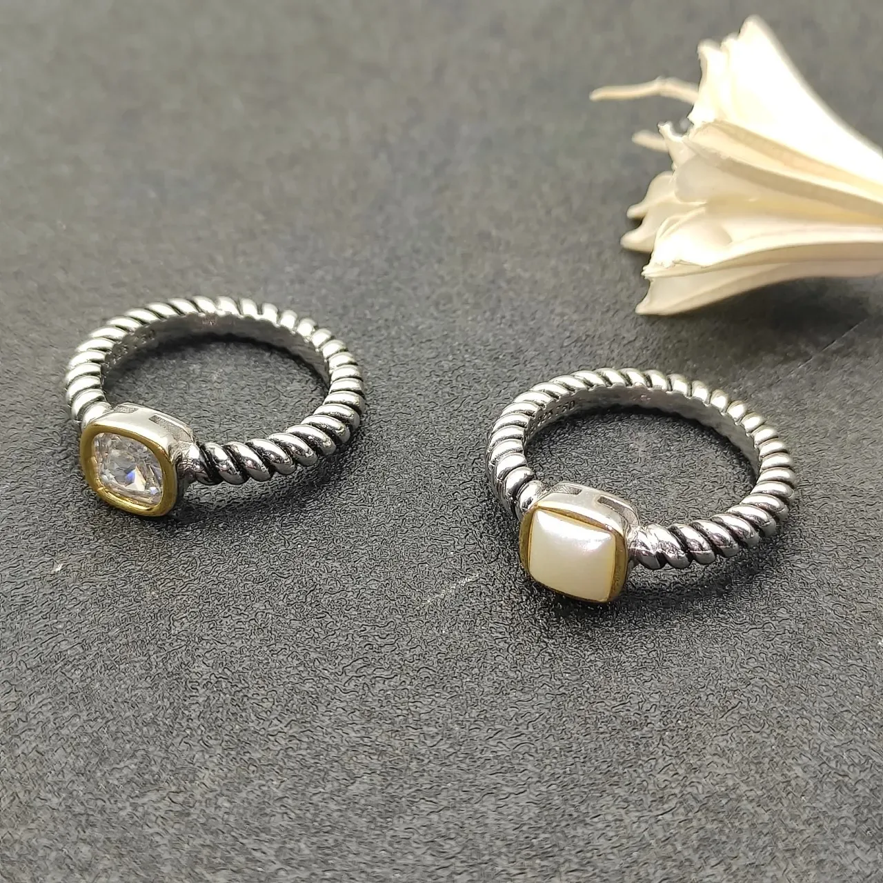 Two-Tone Twisted Rope Band Bezel-Set Cushion-Cut Stone Ring 7