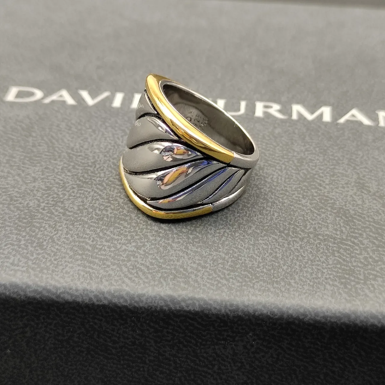 Two-Tone Twisted Rope Motif Wide Band Ring 4