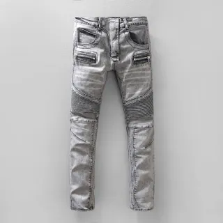 Washed Silver-Gray Zippered Thigh Pocket Moto Panel Jeans