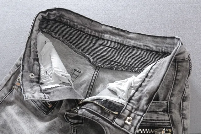 Washed Silver-Gray Zippered Thigh Pocket Moto Panel Jeans 6