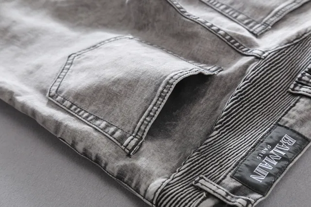 Washed Silver-Gray Zippered Thigh Pocket Moto Panel Jeans 8