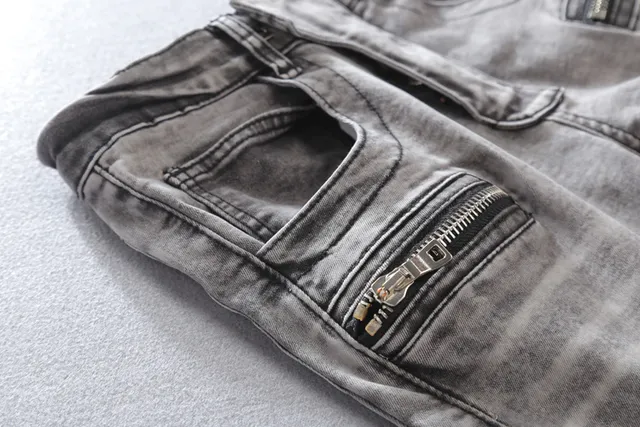 Washed Silver-Gray Zippered Thigh Pocket Moto Panel Jeans 13