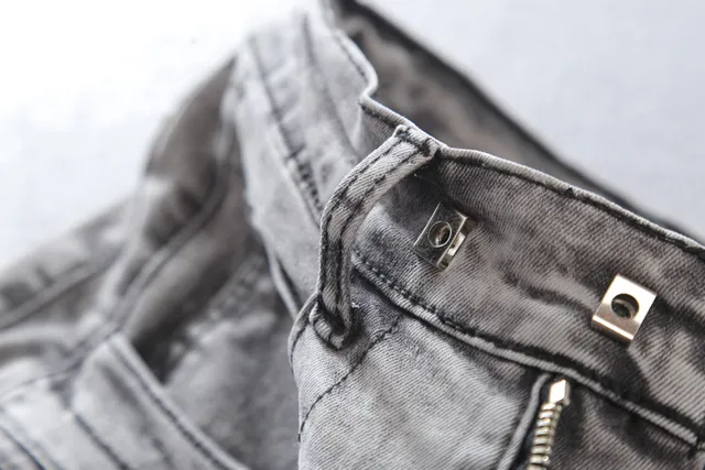 Washed Silver-Gray Zippered Thigh Pocket Moto Panel Jeans 14