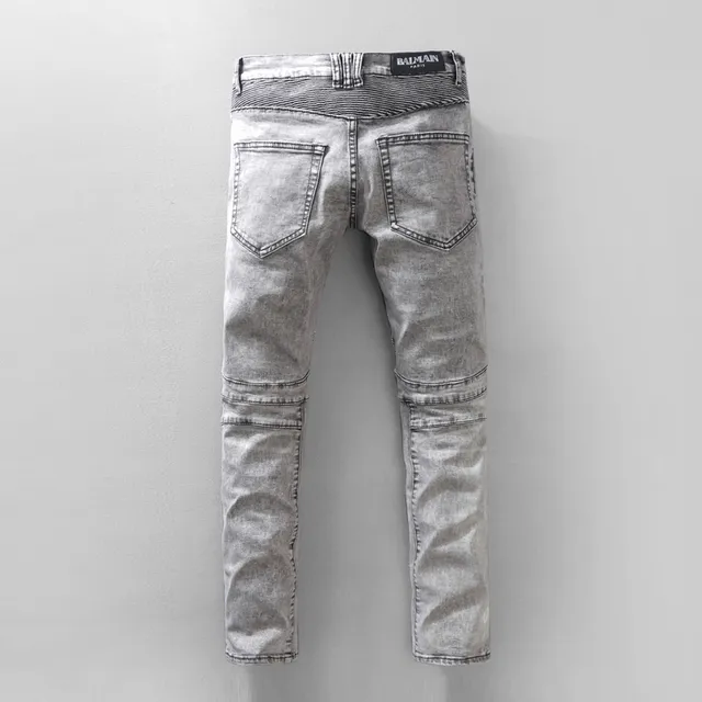 Washed Silver-Gray Zippered Thigh Pocket Moto Panel Jeans 18