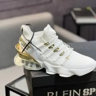 Tênis de lifestyle branco e dourado high-top de malha