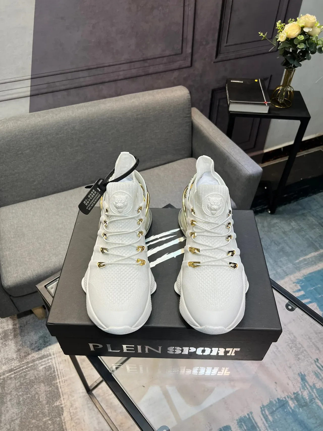 White and Gold Knit High-Top Lifestyle Sneaker 2