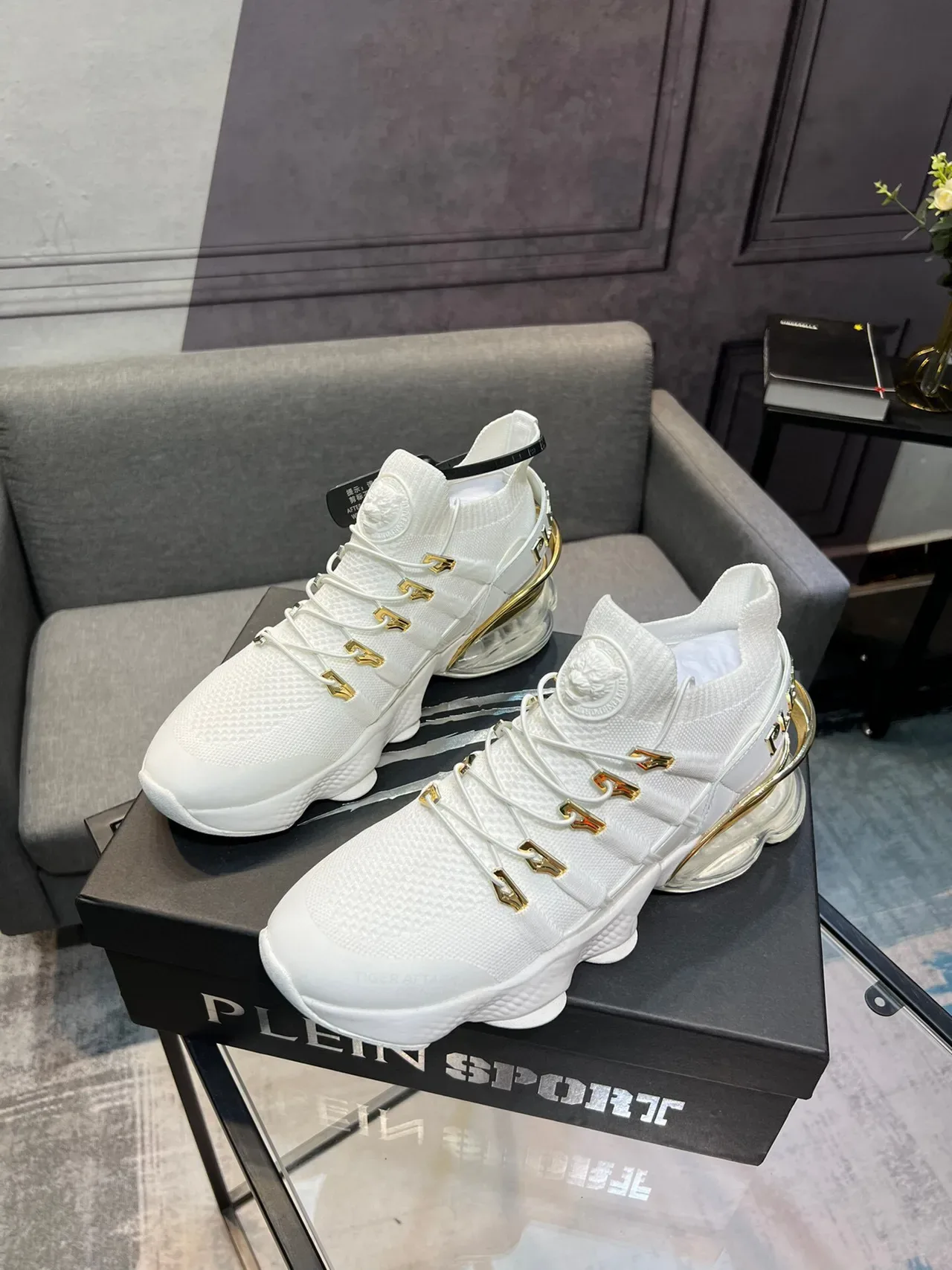 White and Gold Knit High-Top Lifestyle Sneaker 3