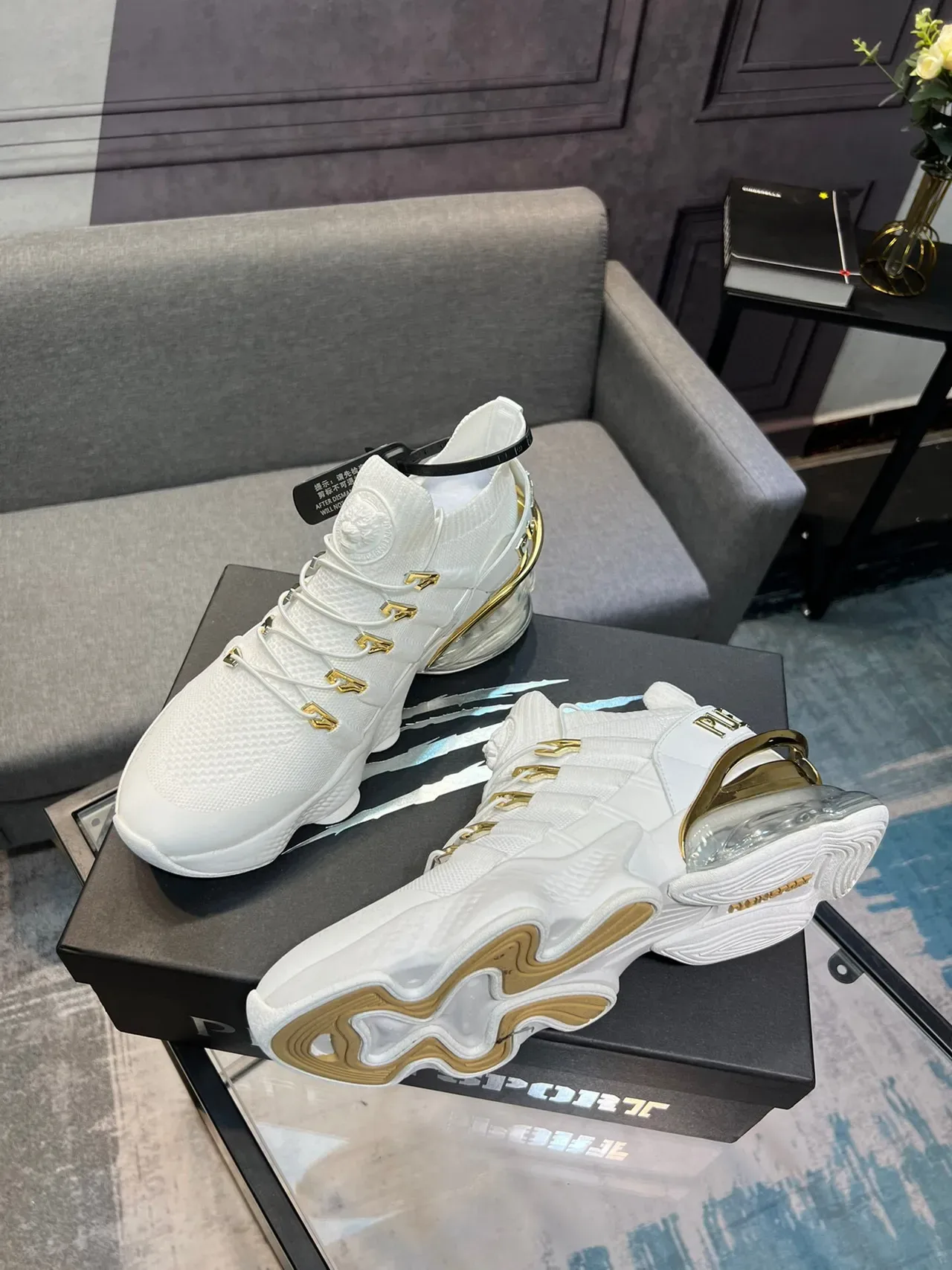 White and Gold Knit High-Top Lifestyle Sneaker 4
