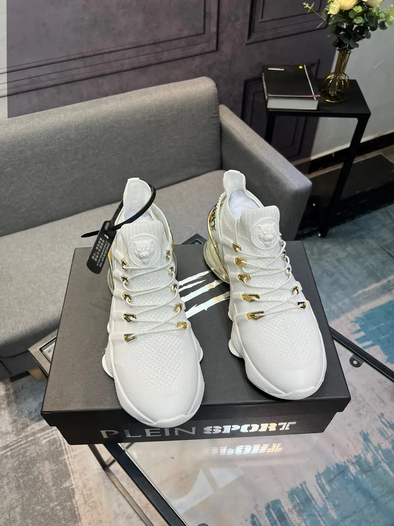 White and Gold Knit High-Top Lifestyle Sneaker 5
