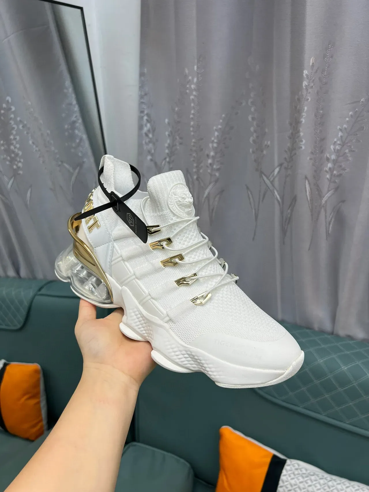White and Gold Knit High-Top Lifestyle Sneaker 6
