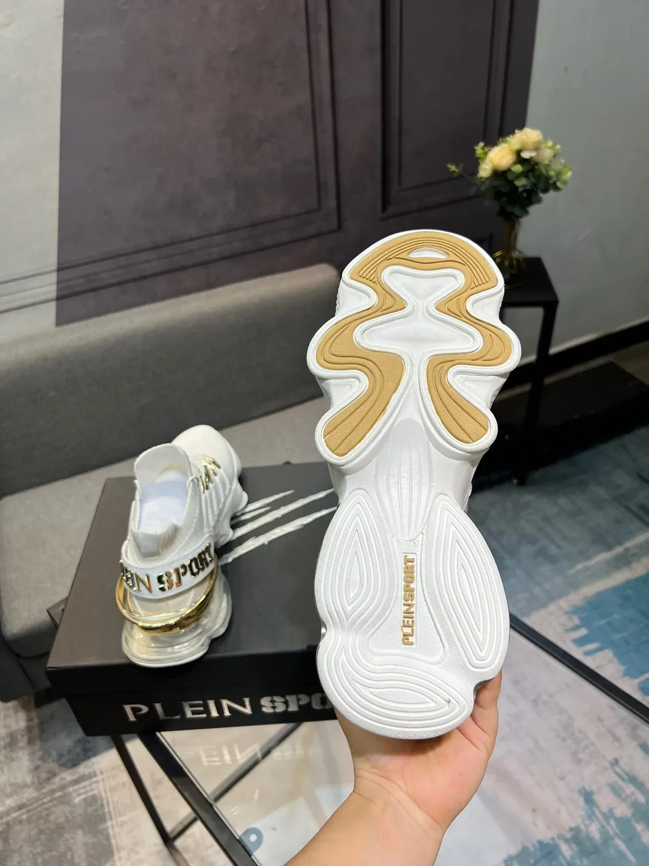 White and Gold Knit High-Top Lifestyle Sneaker 7