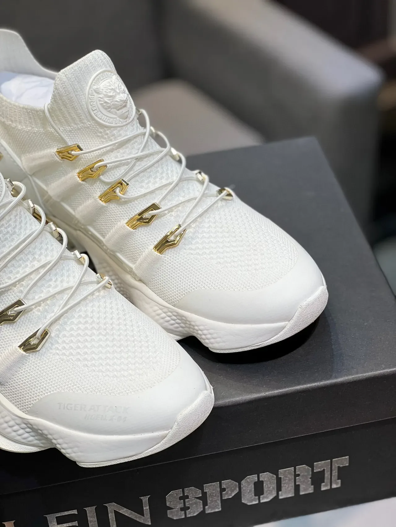White and Gold Knit High-Top Lifestyle Sneaker 9
