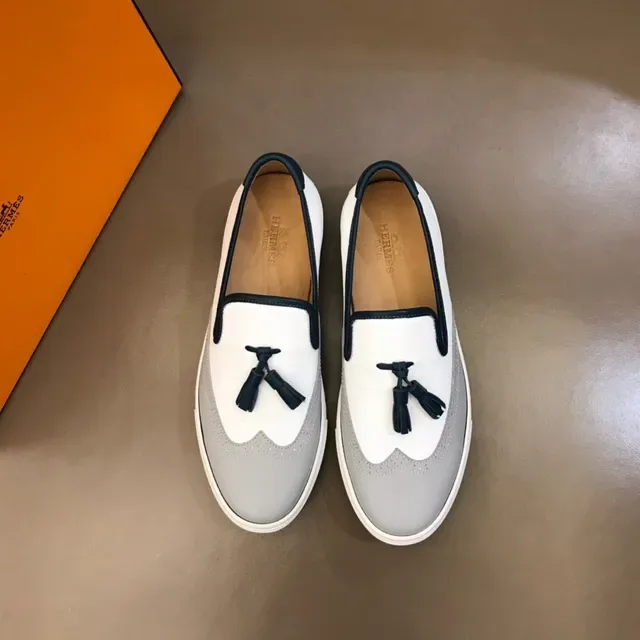 White and Gray Tassel-Accented Slip-On Loafers 9