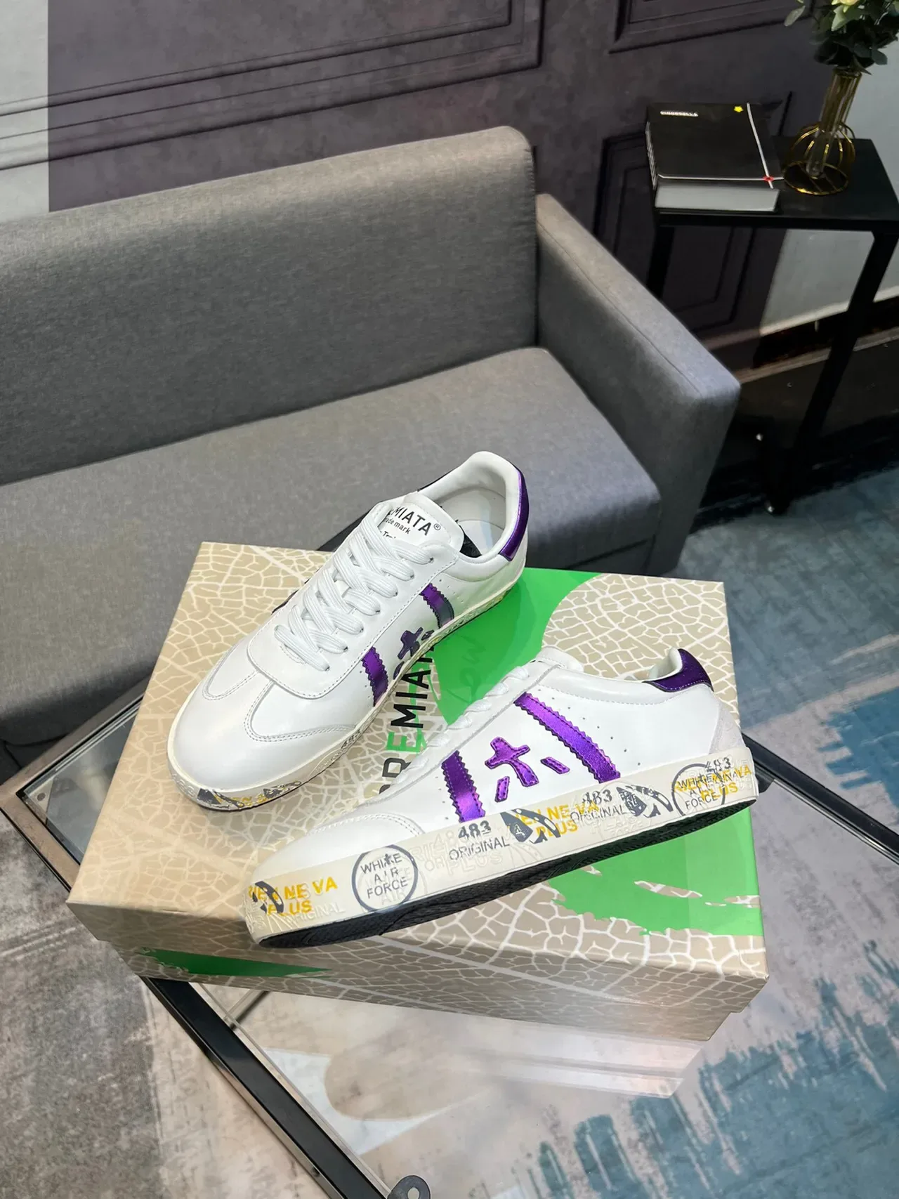 White and Metallic Purple Low-Top Lifestyle Sneaker 4