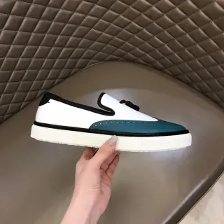 White and Teal Brogue-Perforated Slip-On Platform Loafers