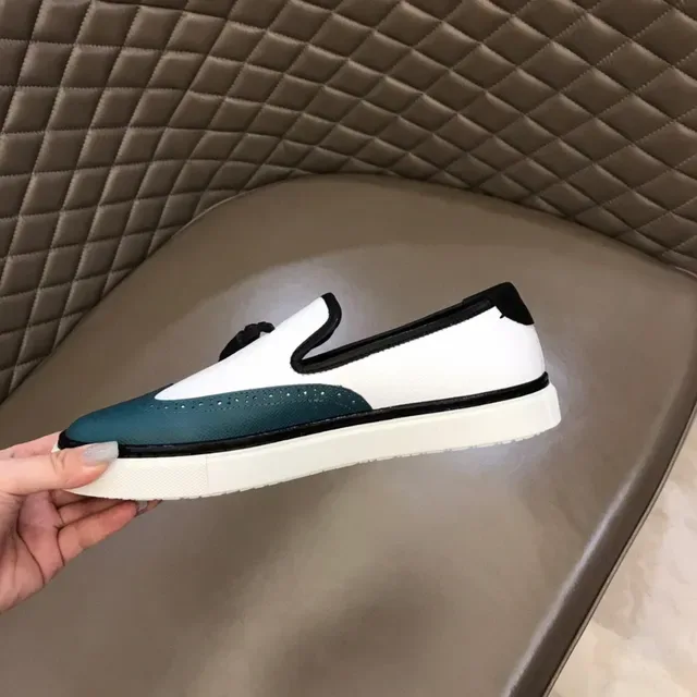 White and Teal Brogue-Perforated Slip-On Platform Loafers 3