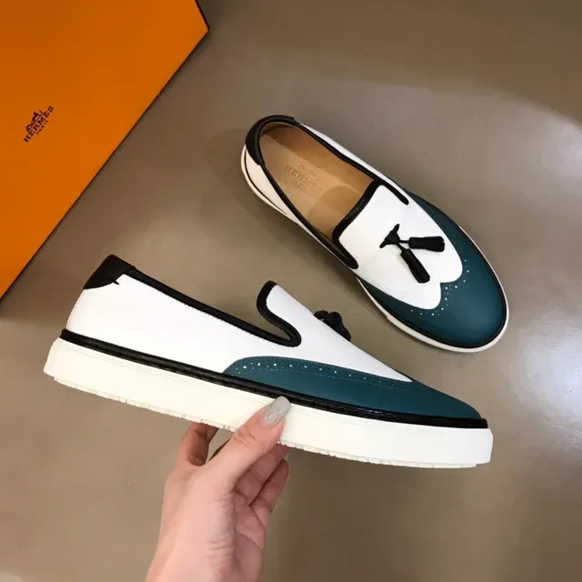 White and Teal Brogue-Perforated Slip-On Platform Loafers 4