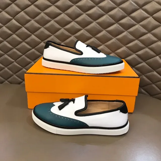 White and Teal Brogue-Perforated Slip-On Platform Loafers 7