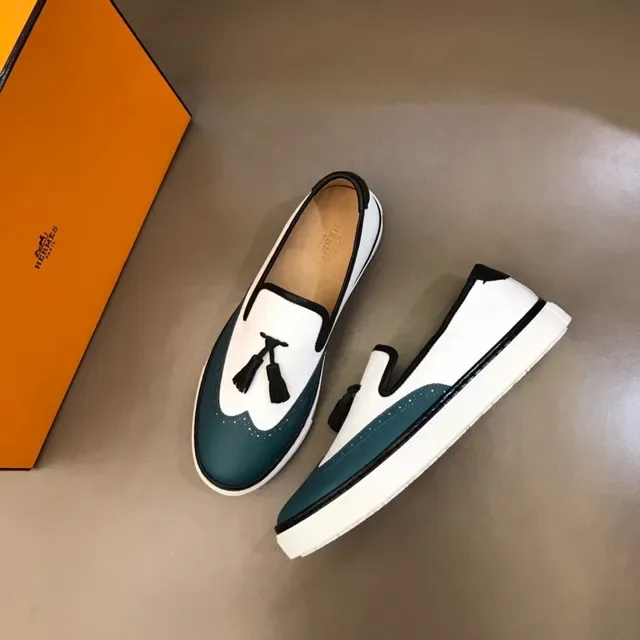 White and Teal Brogue-Perforated Slip-On Platform Loafers 8