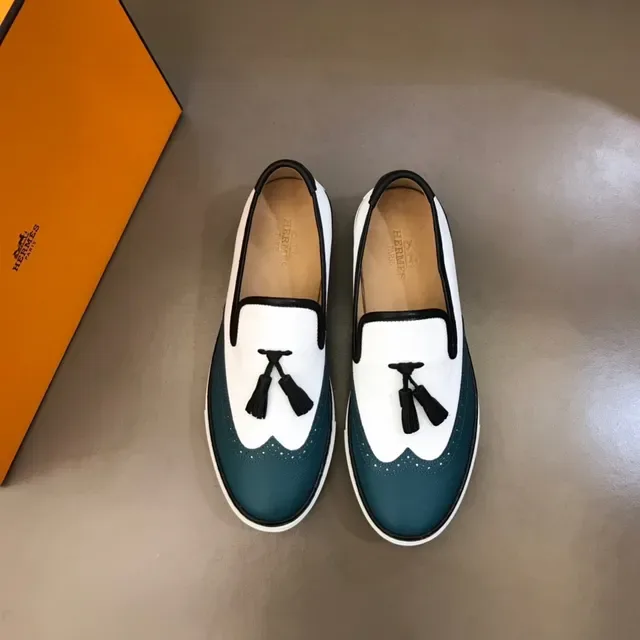 White and Teal Brogue-Perforated Slip-On Platform Loafers 9