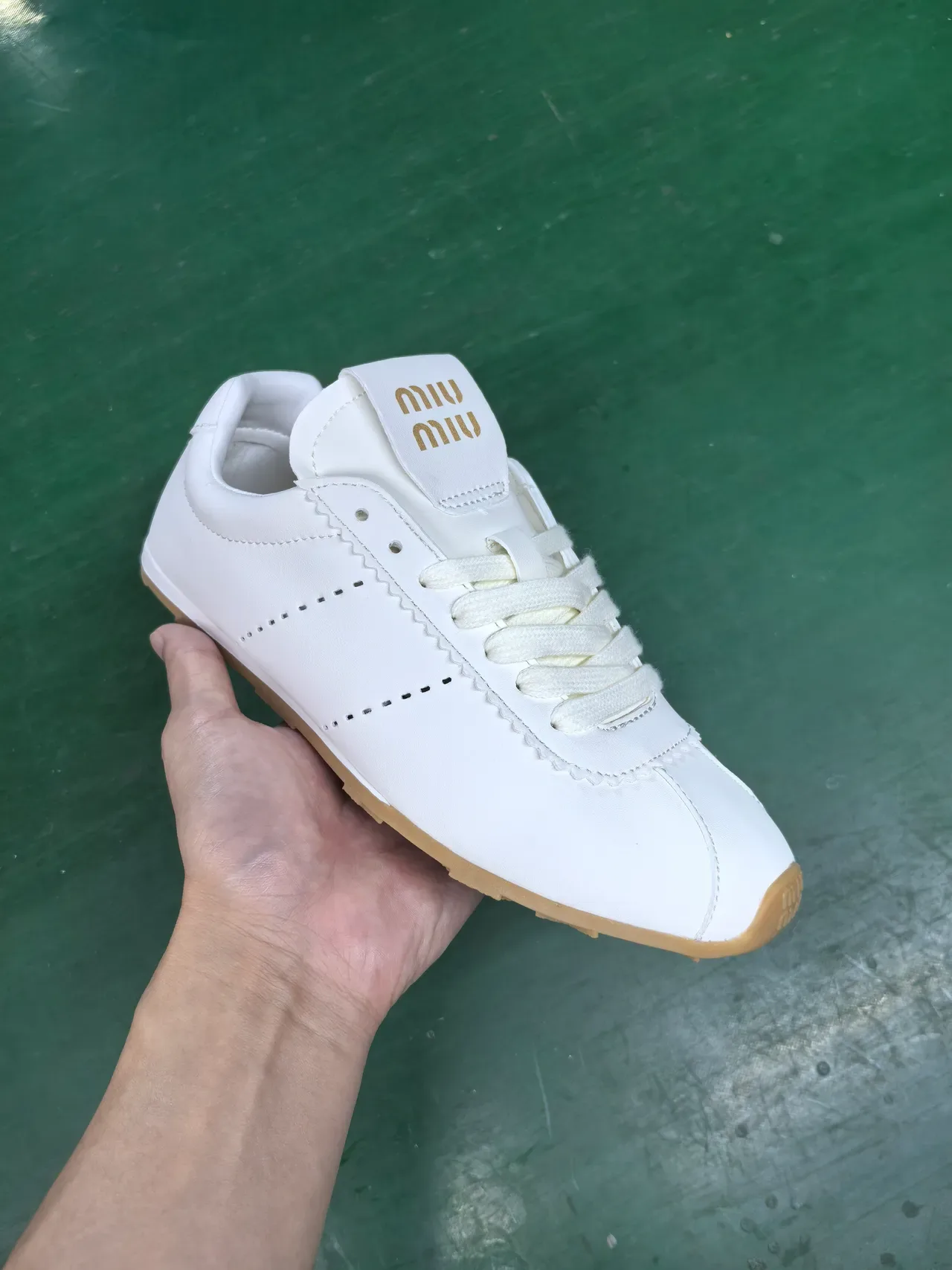 White Beige Smooth Upper Gum Rubber Sole Sneakers 2