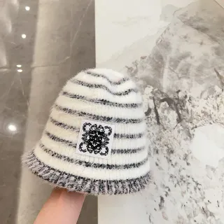 White Black Striped Fluffy Knit Bucket Hat