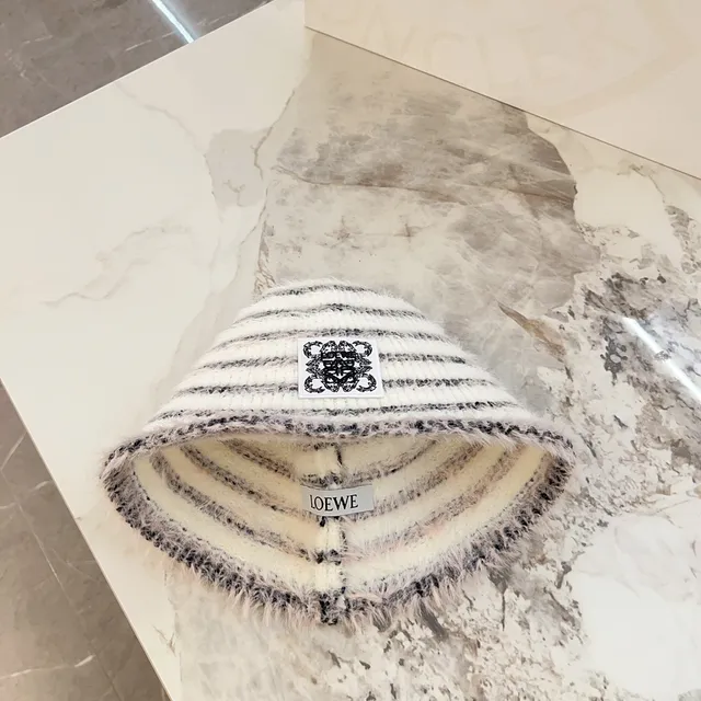 White Black Striped Fluffy Knit Bucket Hat 2