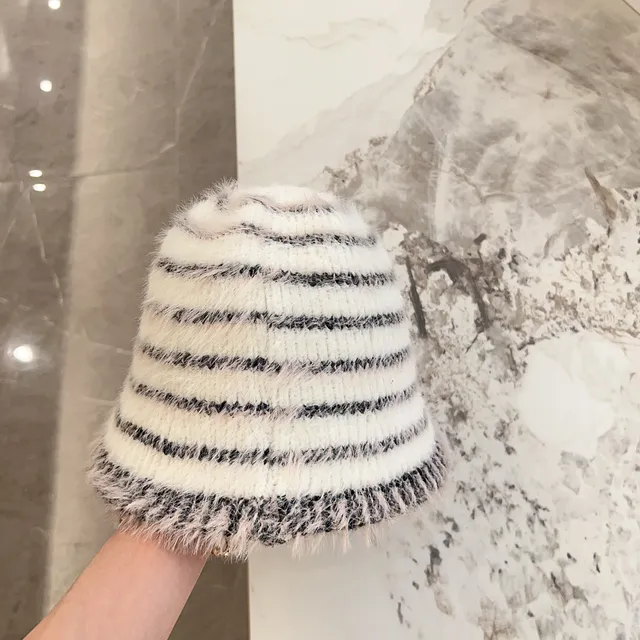 White Black Striped Fluffy Knit Bucket Hat 4