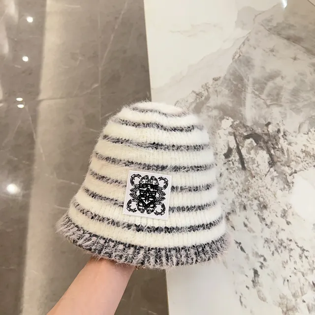 White Black Striped Fluffy Knit Bucket Hat 5