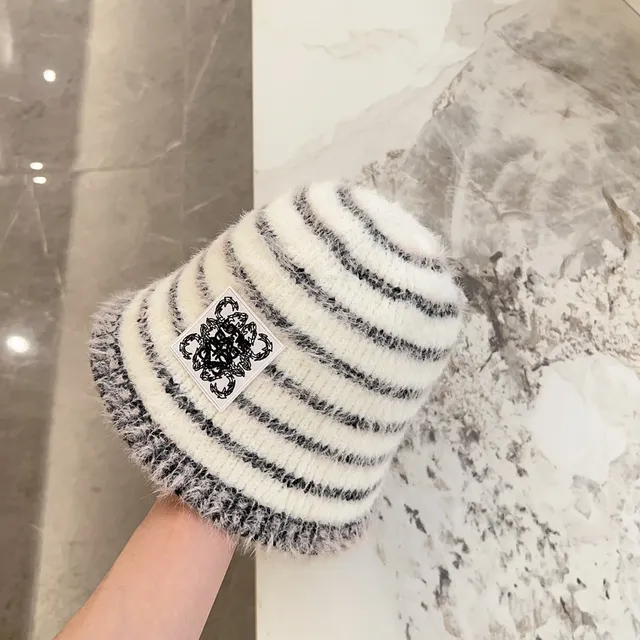 White Black Striped Fluffy Knit Bucket Hat 6