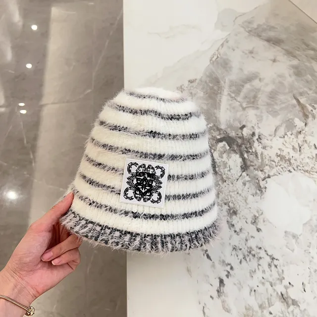 White Black Striped Fluffy Knit Bucket Hat 7