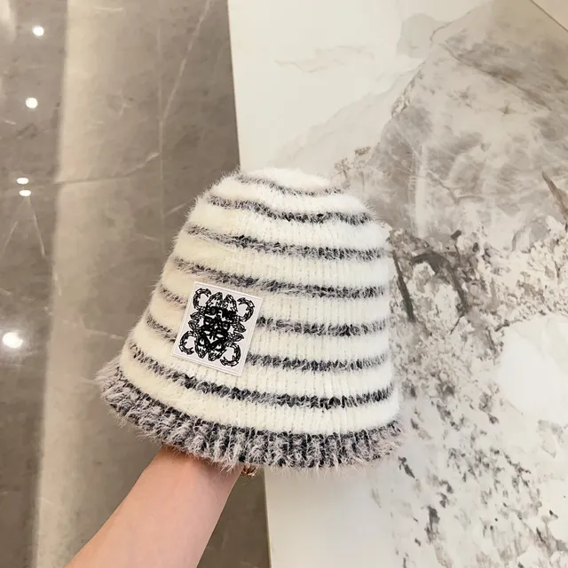 White Black Striped Fluffy Knit Bucket Hat 8